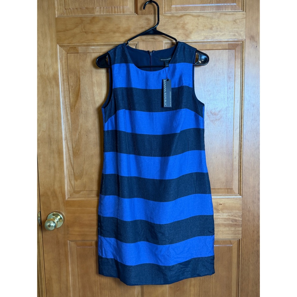 Banana Republic Blue Navy Striped Sleeveless Shift Dress Womens 4 NWT